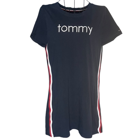 Tommy Hilfiger Dresses & Skirts - Tommy Hilfiger Navy Blue Logo T-Shirt Mini Dress Red White Side Stripe Small
